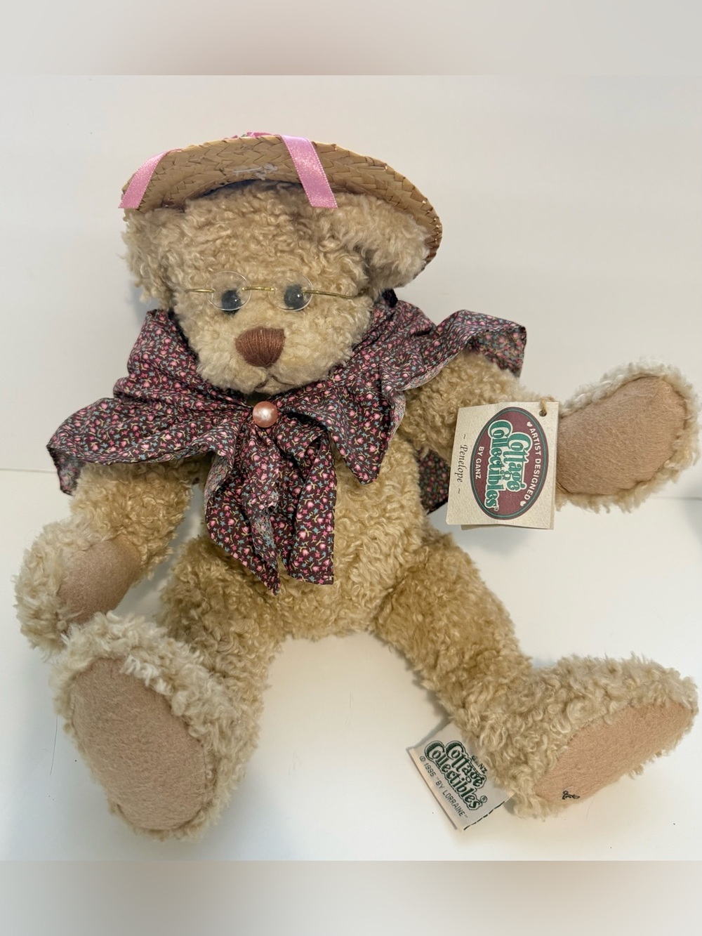 1995 Ganz Cottage Plush Bear Penelop with Floral Scarf and Straw Hat